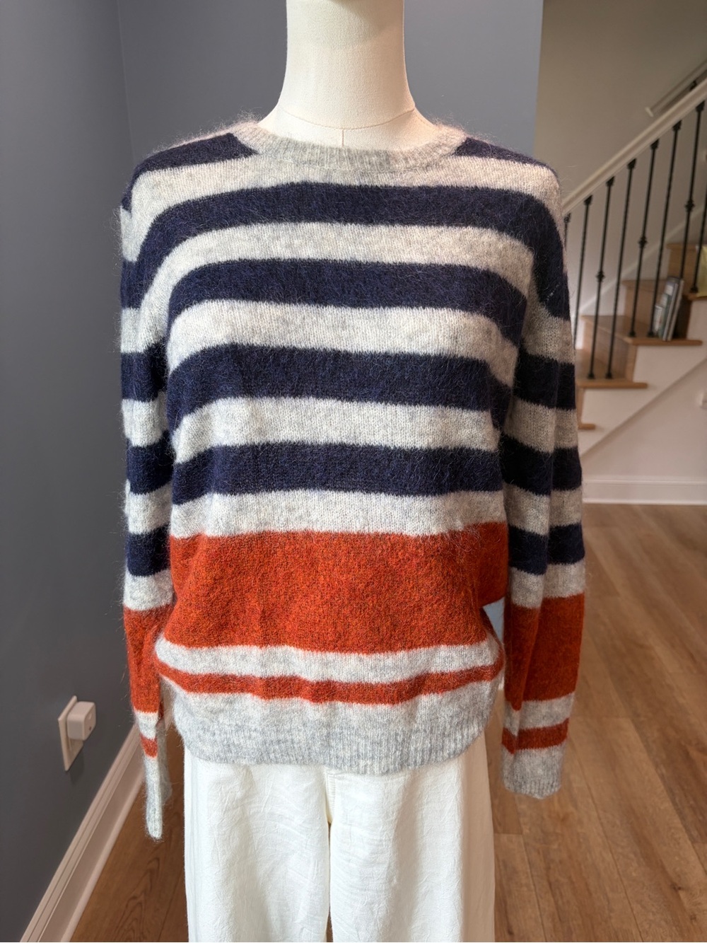 Bellerose Takfura Mohair Wool Striped Sweater Size 2 Navy Gray Rust